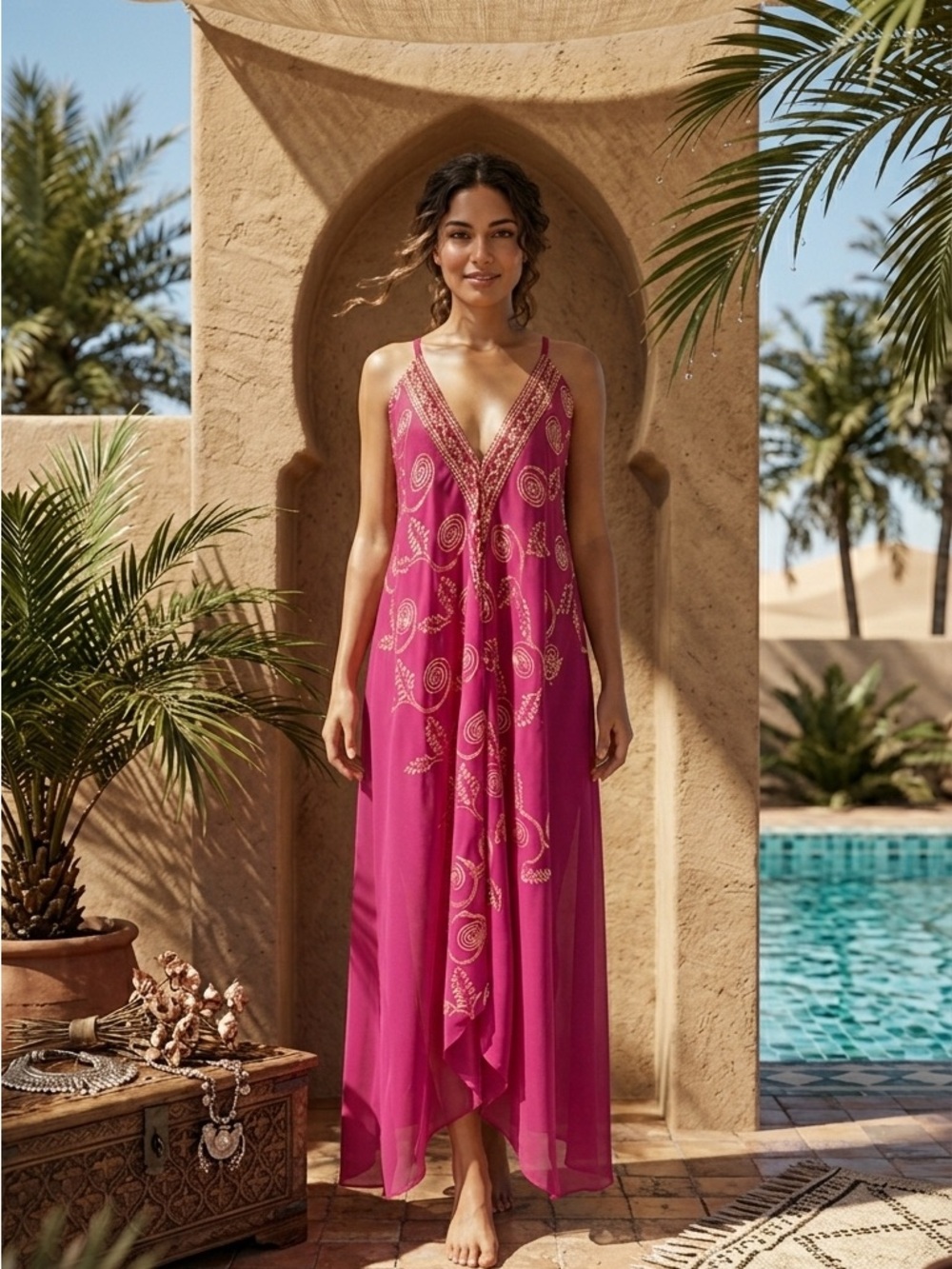 Pink Printed V-Neck Semi Sheer Maxi Dress/ Cover up